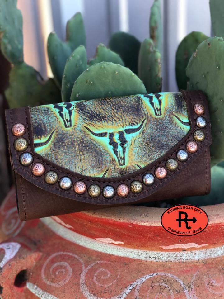 Trifold Wallet with Inlaid Mint Longhorn Leather and Multicolor Dots