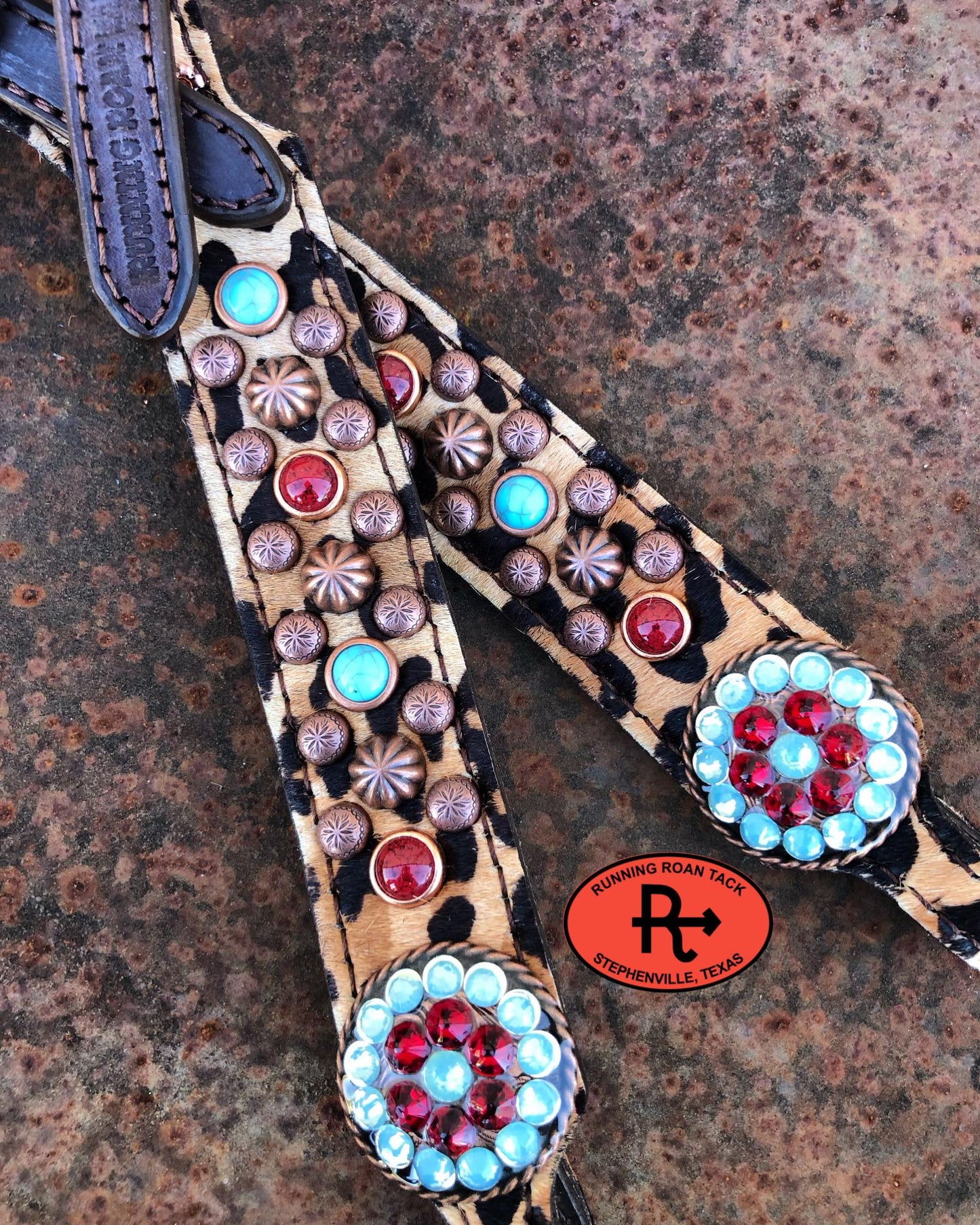 Leopard Cowhide Standard Size Headstall with Turquoise/Red Stones and Swarovski Bling Conchos