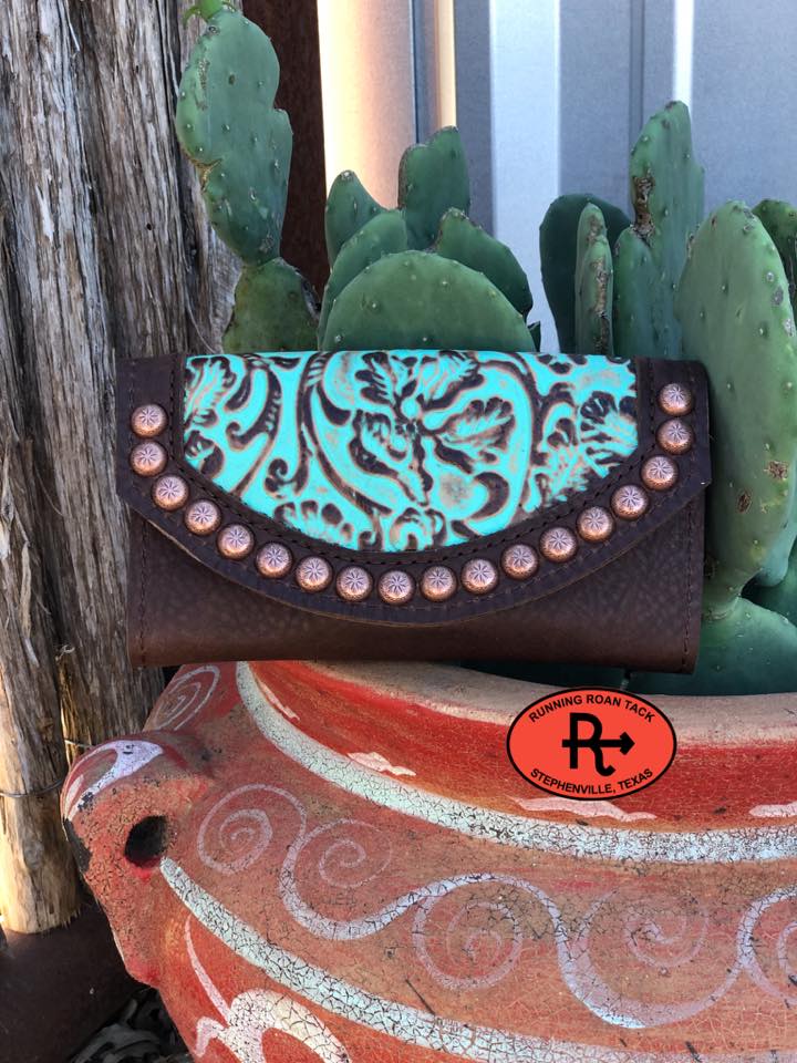 Trifold Wallet with Inlaid Turquoise Floral Leather and Copper Dots