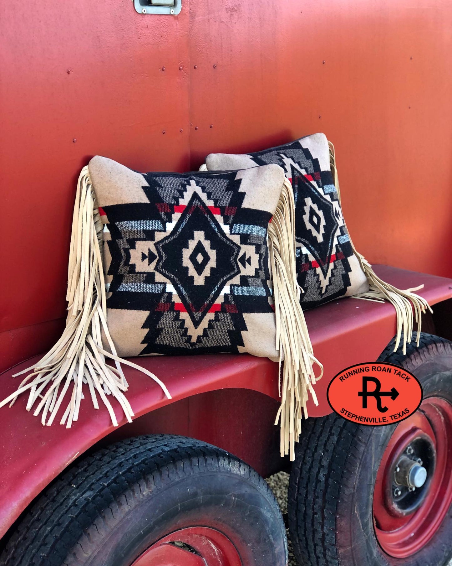 Large "Overall Black" Wool 18"x18" Pillow with Loads of Sand Leather Fringe