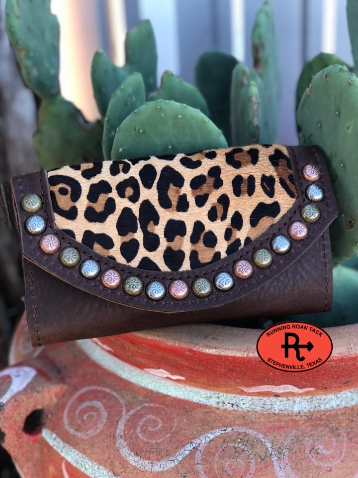 Trifold Wallet with Inlaid Leopard Hair On Cowhide and Multicolor Dots