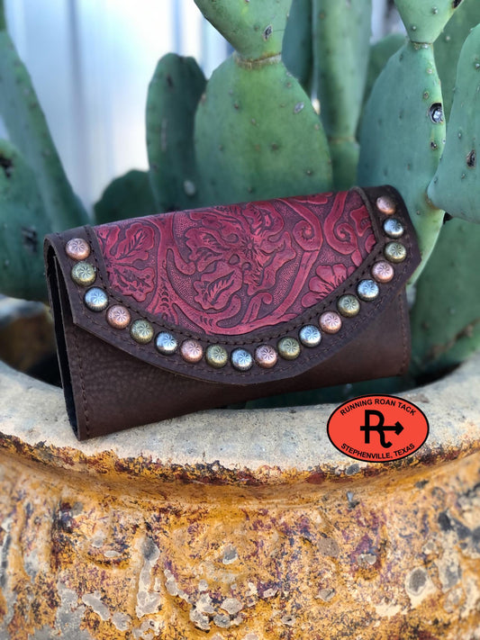 Trifold Wallet with Inlaid Red Floral Leather and Multicolor Dots