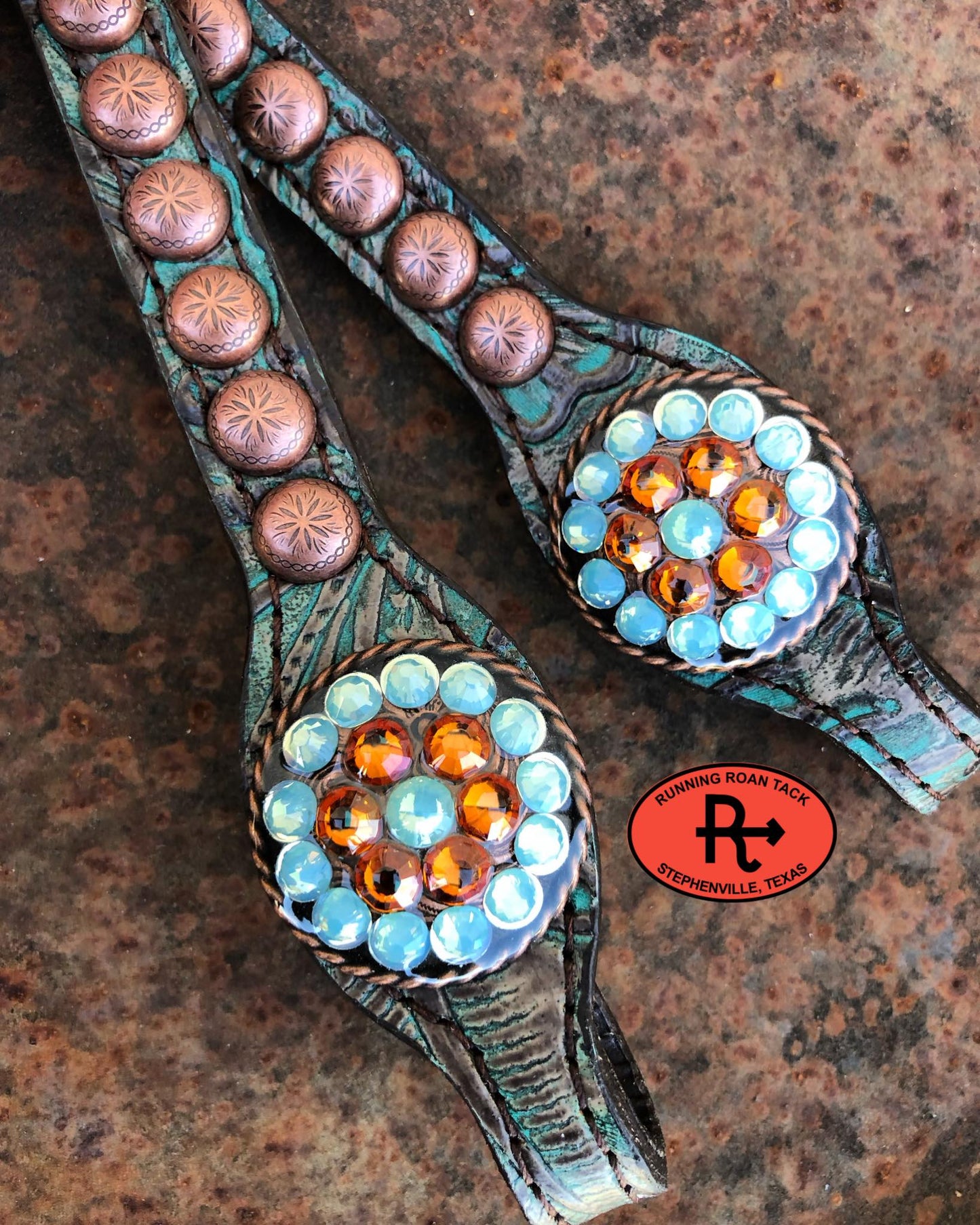 Teal Floral Standard Size Headstall with Swarovski Bling Conchos