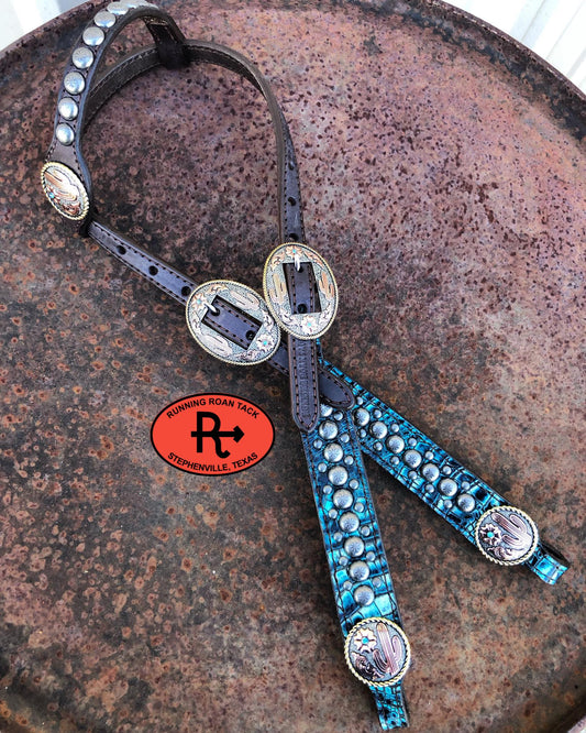 Bright Turquoise Croc Standard Size Headstall with Tricolor Desert Conchos