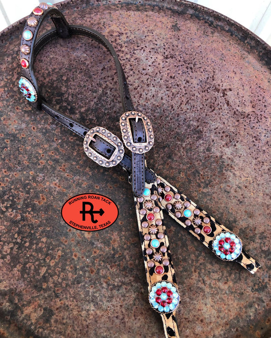 Leopard Cowhide Standard Size Headstall with Turquoise/Red Stones and Swarovski Bling Conchos