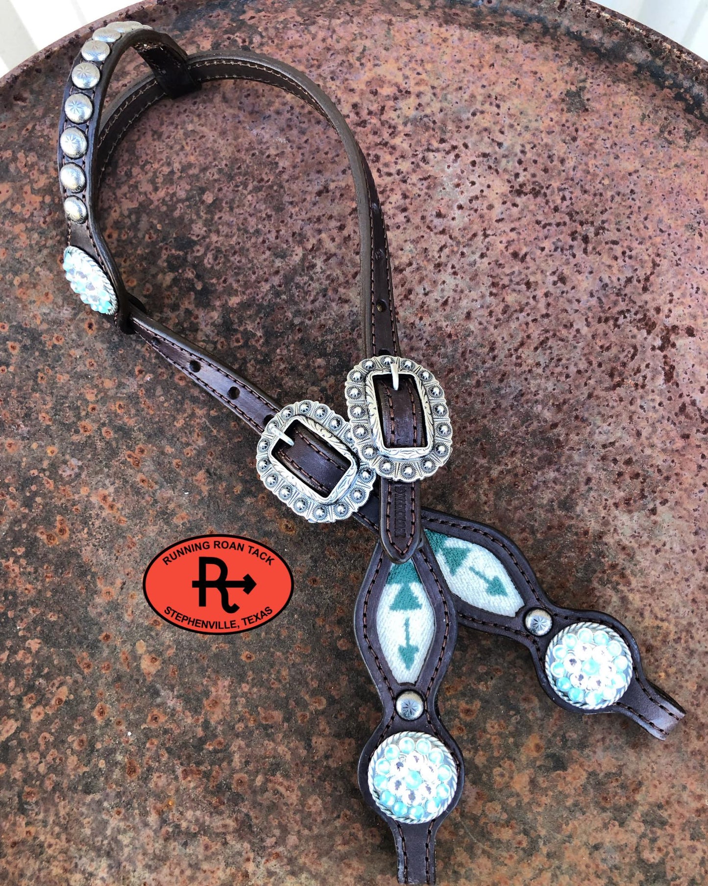 Tucson Aqua Wool Short Gag Headstall with Pacific Opal and Crystal Swarovski Bling Conchos