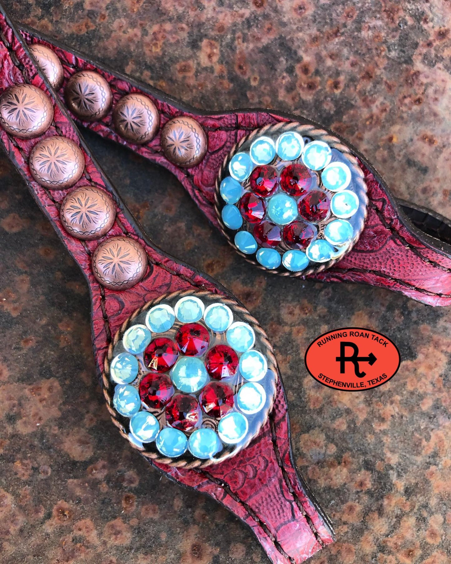 Red Croc Short Gag Headstall with Pacific Opal and Siam Swarovski Bling