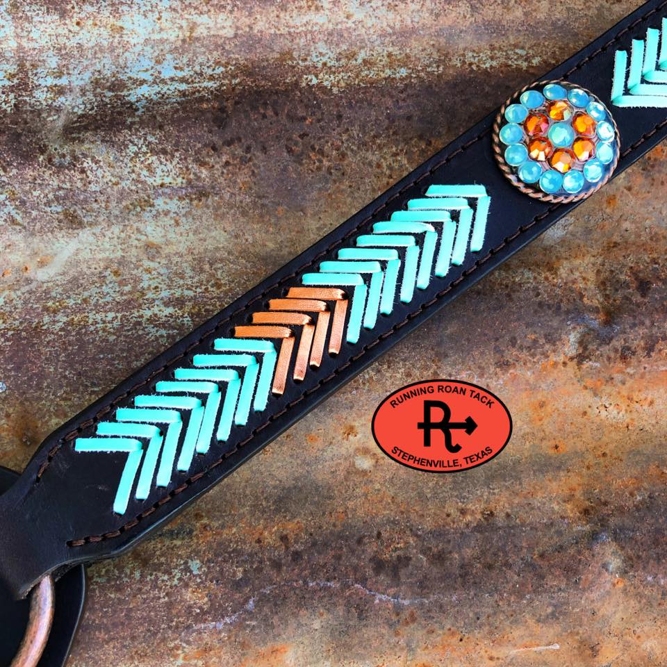 Breast Collar with Mint and Metallic Copper Arrow Lacing and Swarovski Bling Conchos