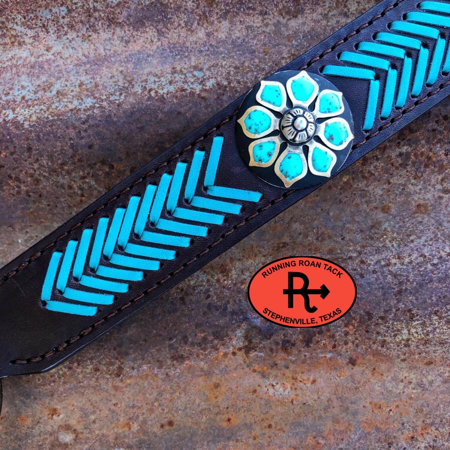 Ring Breast Collar with German Silver Turquoise Flower Martingale Plate and Turquoise Arrow Lacing