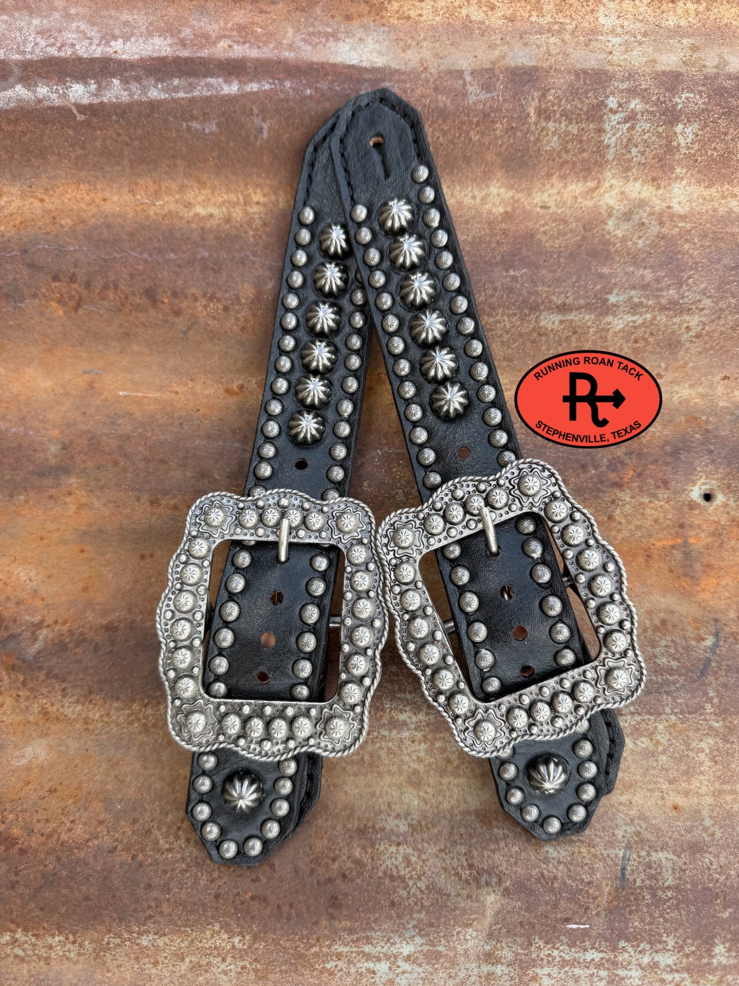 Black Studded Belt Style Spur Straps with Antique Silver Buckles spurstraps08032026-20