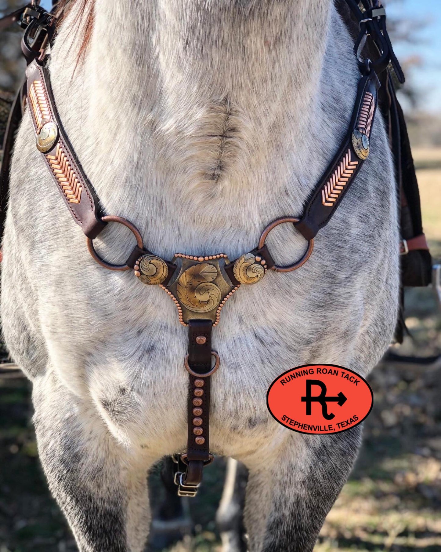 Ring Breast Collar with German Silver Feather Martingale Plate and Metallic Copper Arrow Lacing