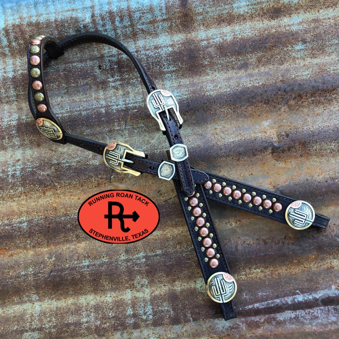 Single Ear Standard Size Headstall with German Silver Desert Sunset Conchos