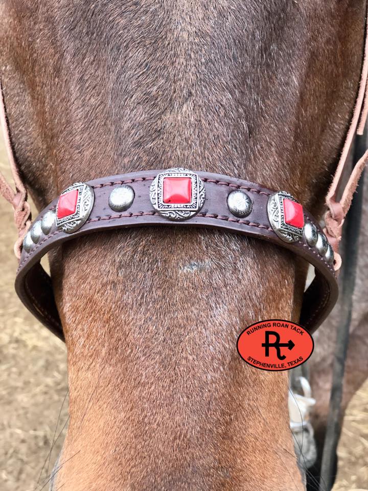 Tiedown Noseband with Faux Coral Conchos and Antique Silver Dots