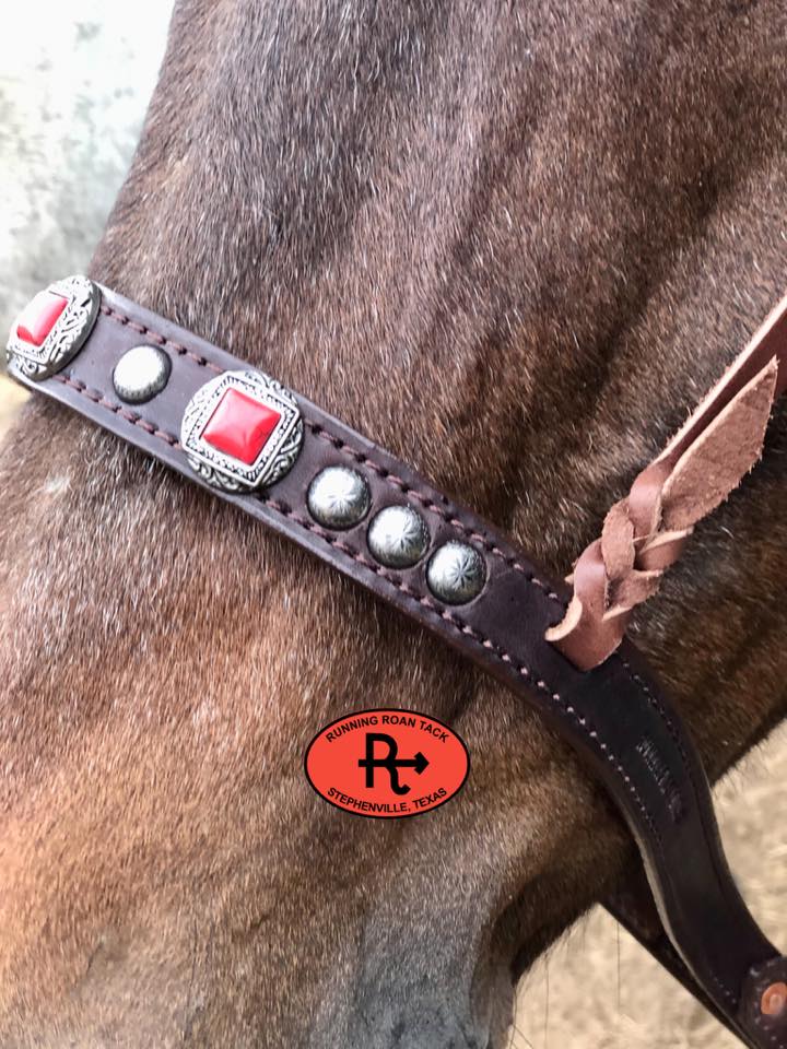 Tiedown Noseband with Faux Coral Conchos and Antique Silver Dots