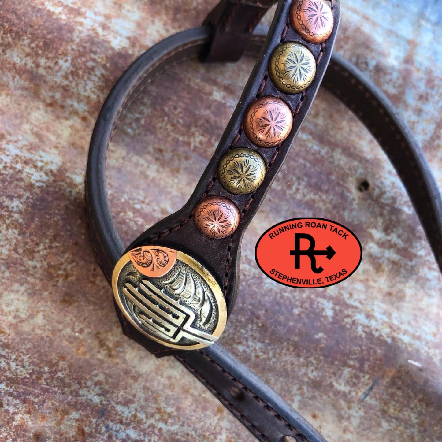 Single Ear Standard Size Headstall with German Silver Desert Sunset Conchos