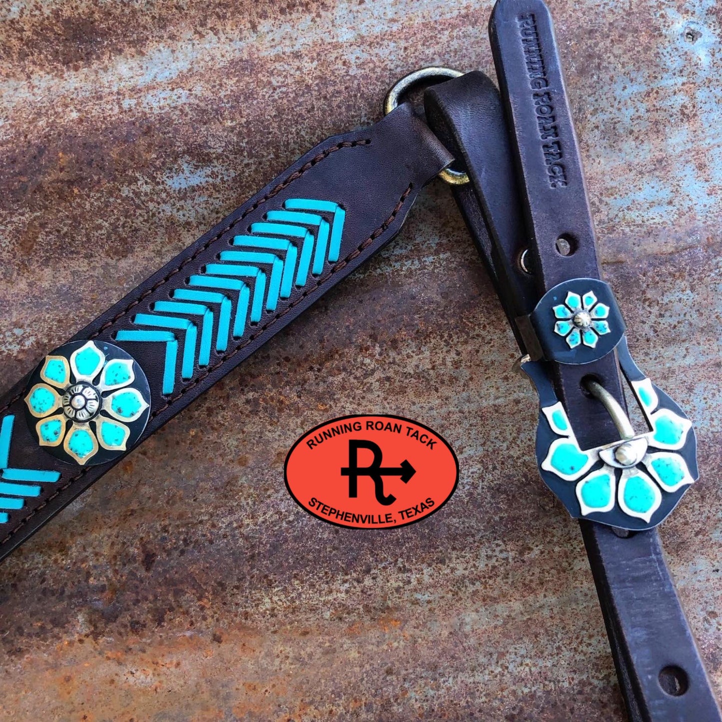 Ring Breast Collar with German Silver Turquoise Flower Martingale Plate and Turquoise Arrow Lacing