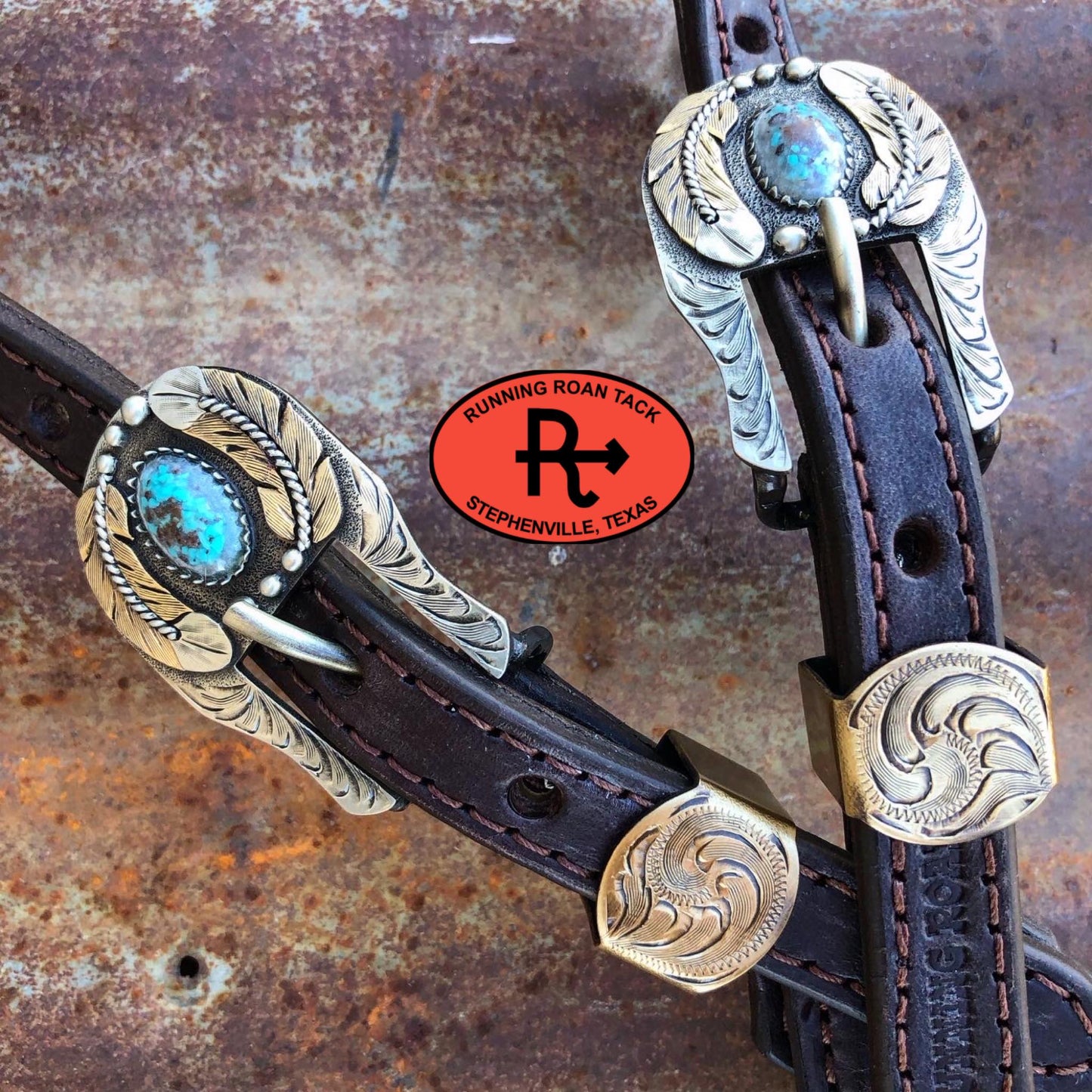 Single Ear Standard Size Headstall with German Silver Feather and Turquoise Conchos