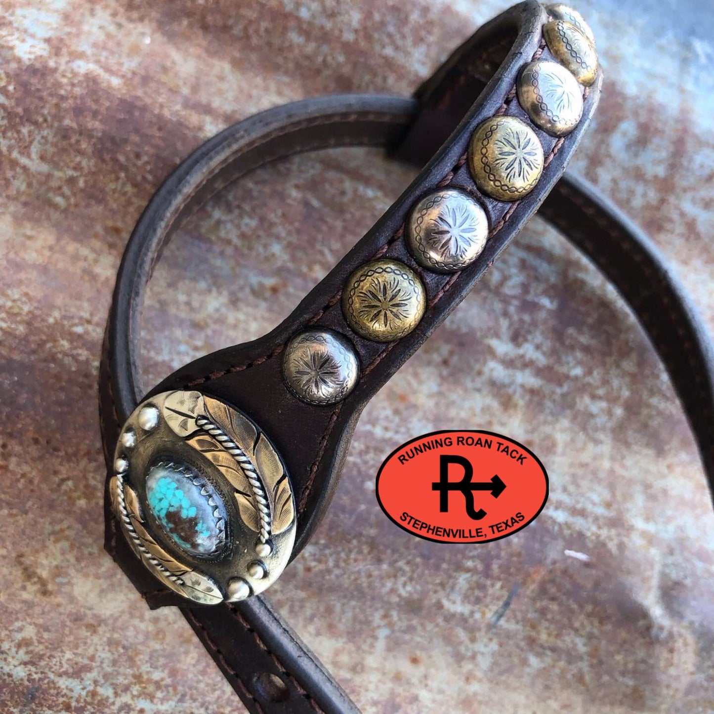 Single Ear Standard Size Headstall with German Silver Feather and Turquoise Conchos