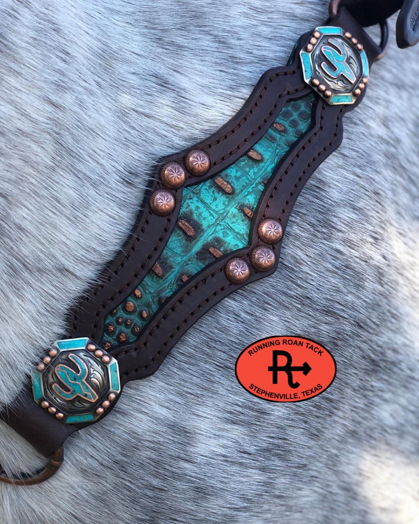 Ring Breast Collar with German Silver Saguaro Cactus Martingale Plate and Inlaid Turquoise Croc