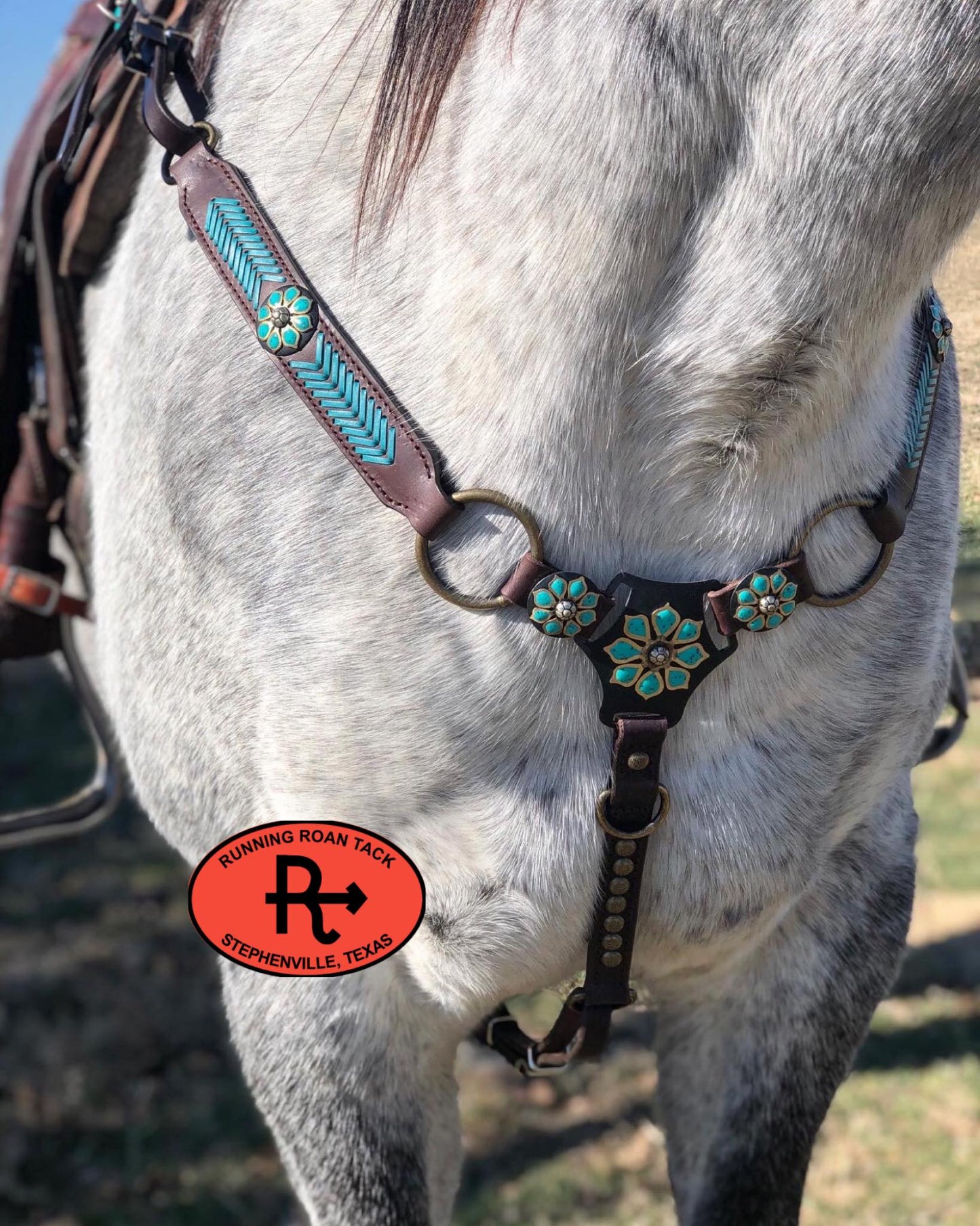 Ring Breast Collar with German Silver Turquoise Flower Martingale Plate and Turquoise Arrow Lacing