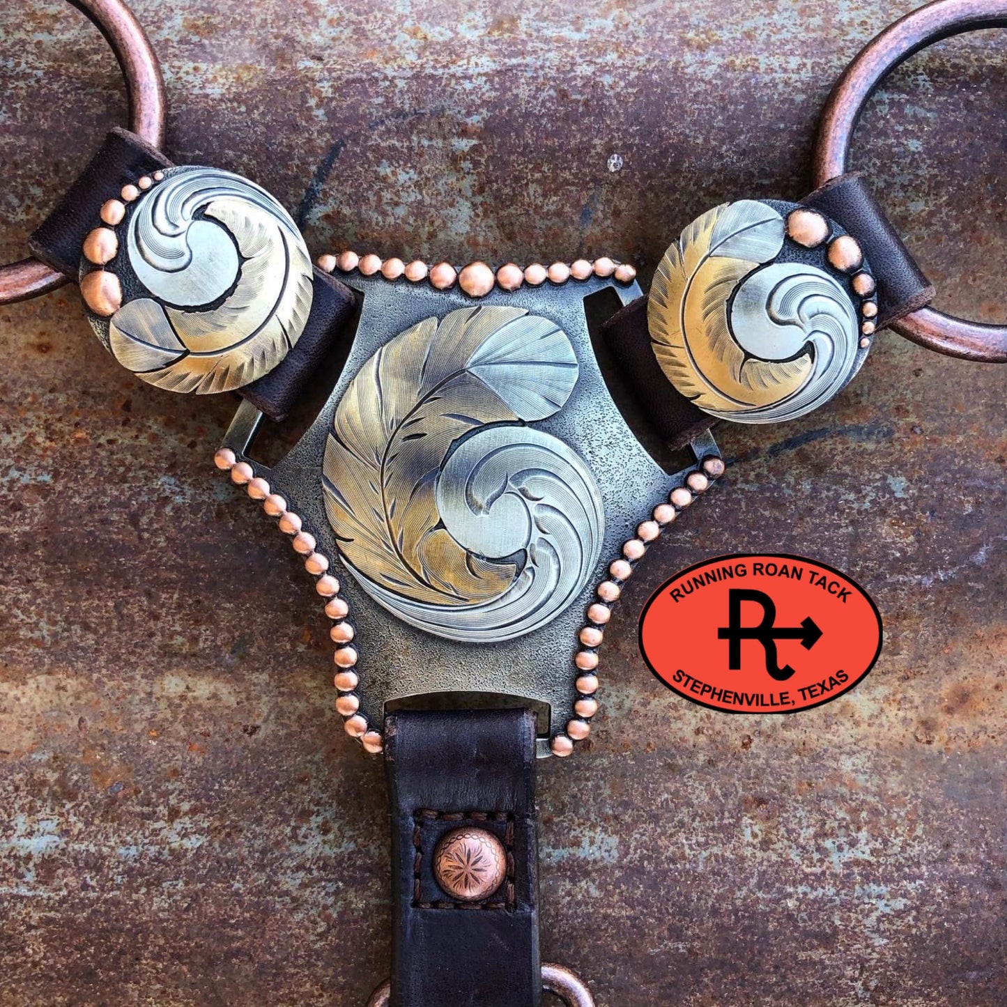 Ring Breast Collar with German Silver Feather Martingale Plate and Metallic Copper Arrow Lacing