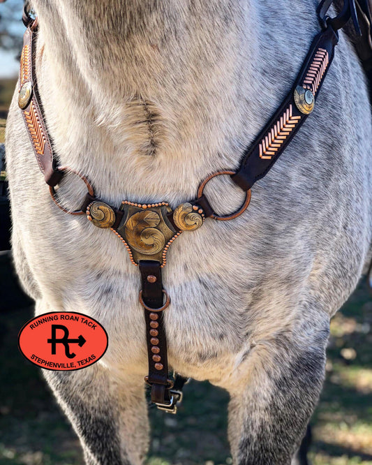 Ring Breast Collar with German Silver Feather Martingale Plate and Metallic Copper Arrow Lacing