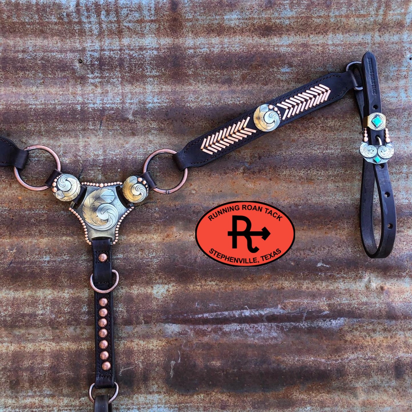 Ring Breast Collar with German Silver Feather Martingale Plate and Metallic Copper Arrow Lacing