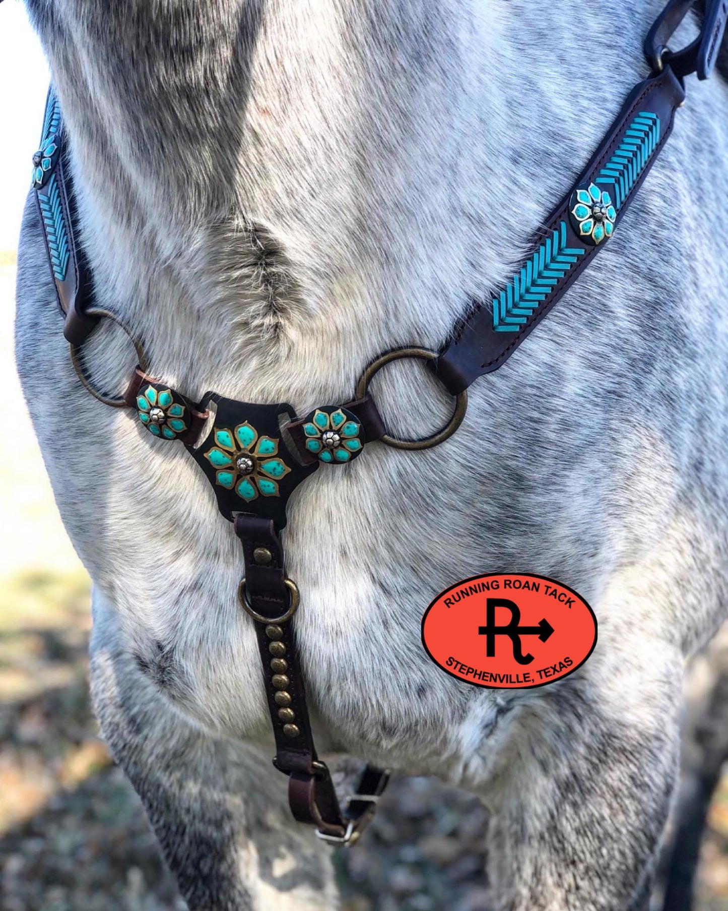 Ring Breast Collar with German Silver Turquoise Flower Martingale Plate and Turquoise Arrow Lacing