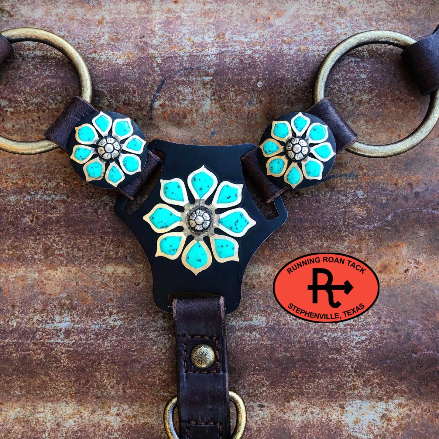 Ring Breast Collar with German Silver Turquoise Flower Martingale Plate and Turquoise Arrow Lacing