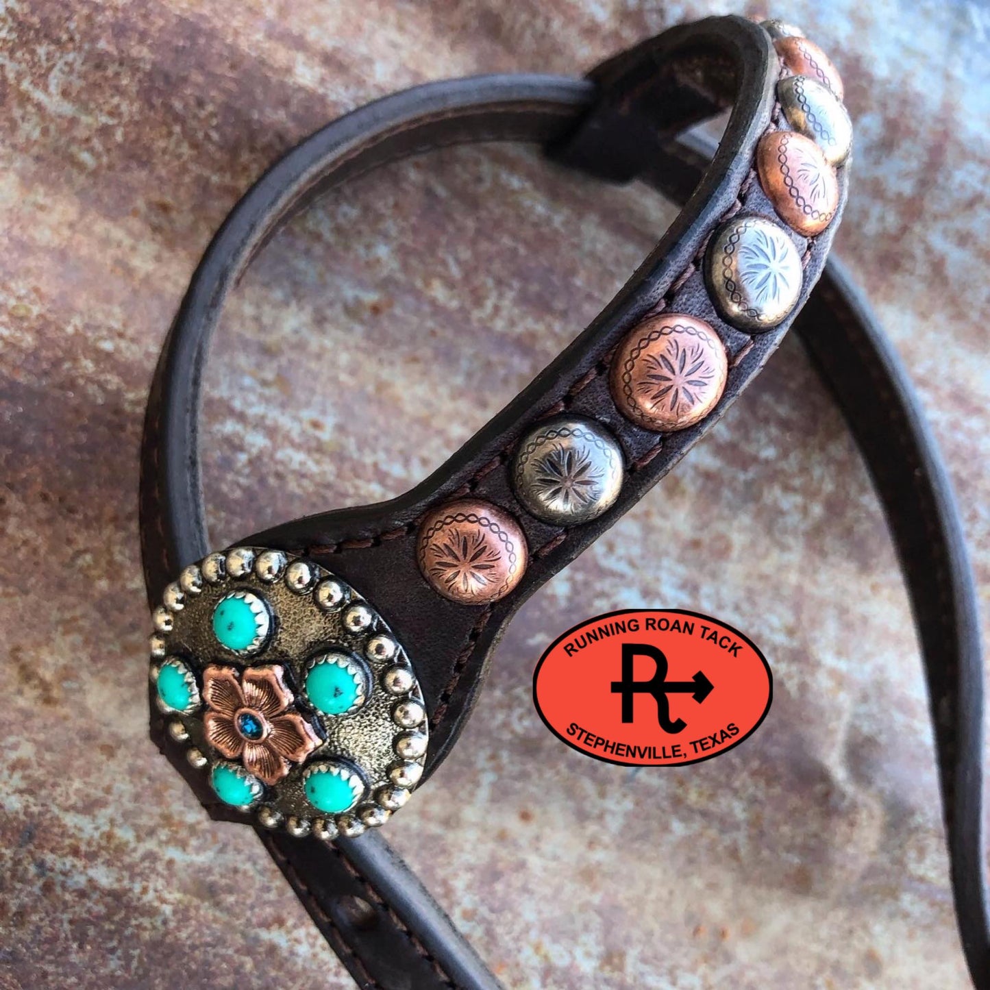 Single Ear Standard Size Headstall with German Silver Copper Flower Conchos