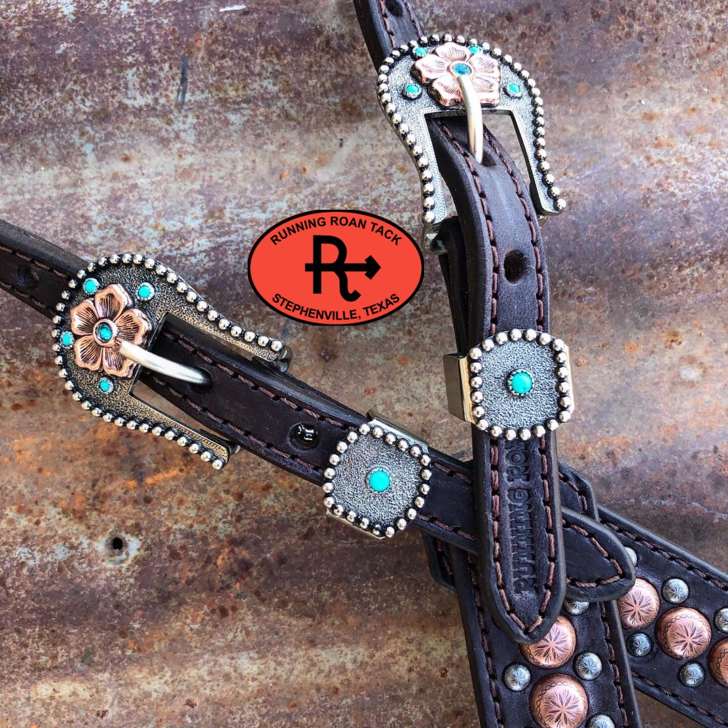 Single Ear Standard Size Headstall with German Silver Copper Flower Conchos