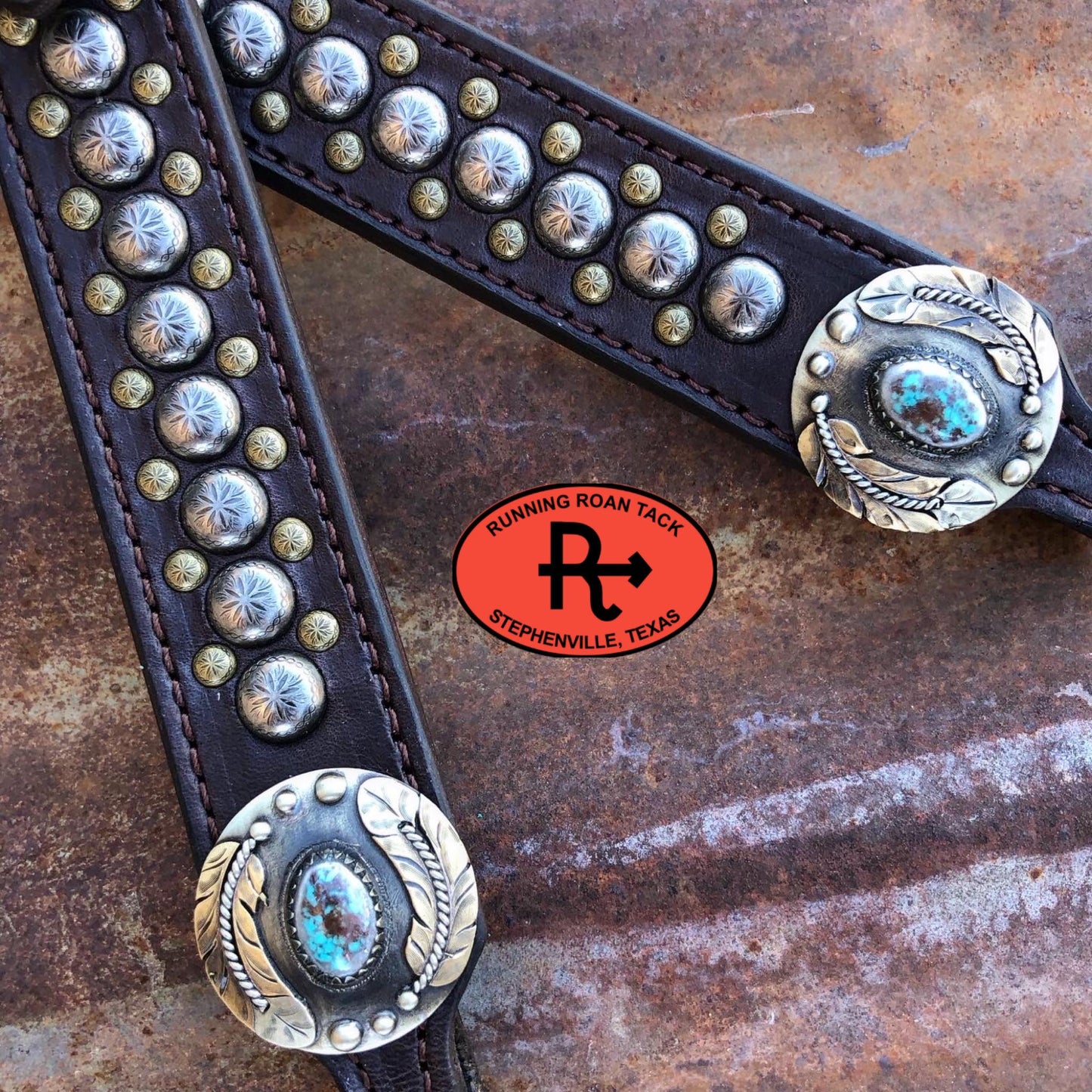 Single Ear Standard Size Headstall with German Silver Feather and Turquoise Conchos