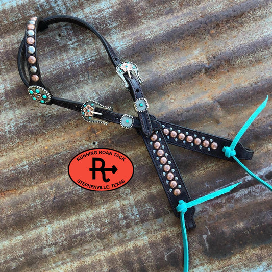 Single Ear Standard Size Headstall with German Silver Copper Flower Conchos