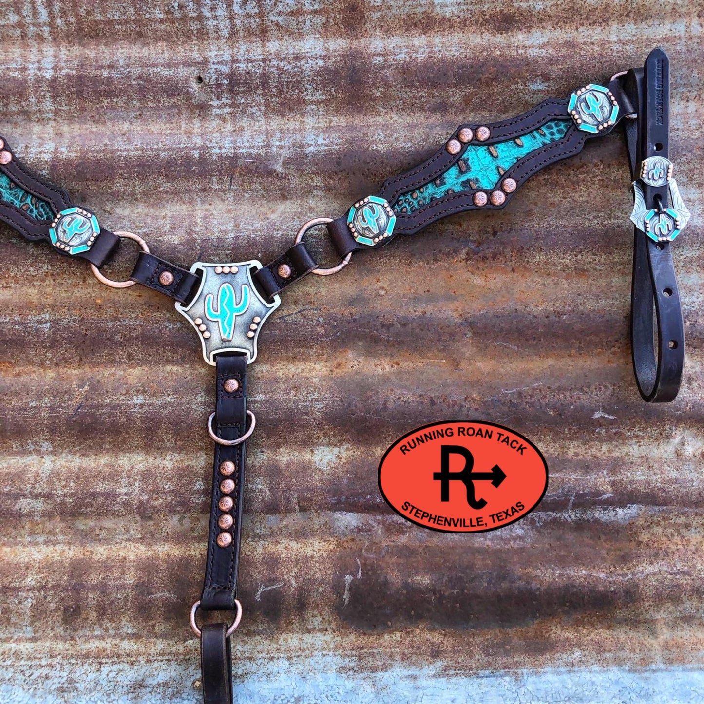 Ring Breast Collar with German Silver Saguaro Cactus Martingale Plate and Inlaid Turquoise Croc