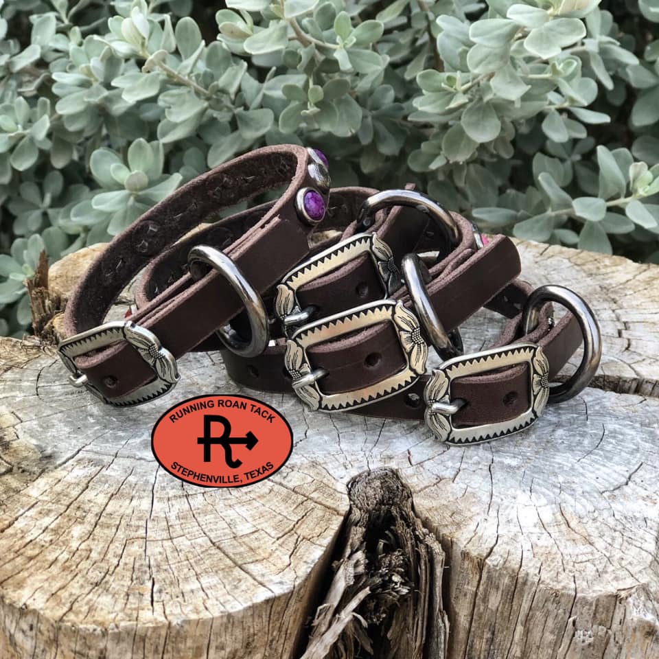 9"-11" Dog Collar 1/2" Wide Chocolate Leather with Antique Silver Buckle, Dots and Rim Set Gems