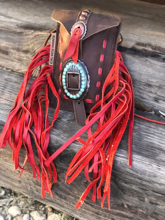 Red Pop Stitch with Fringe Mini Saddle Bag for Phone, Keys, Roping Powder, etc