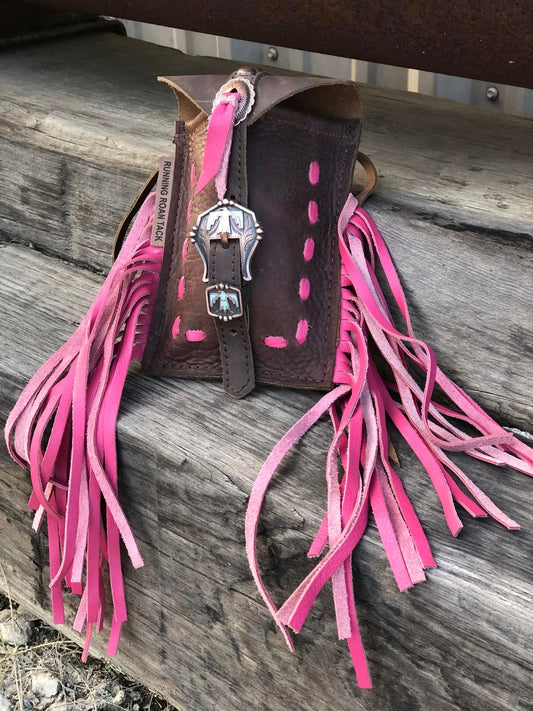 Pink Pop Stitch with Pink Fringe Mini Saddle Bag for Phone, Keys, Roping Powder, etc