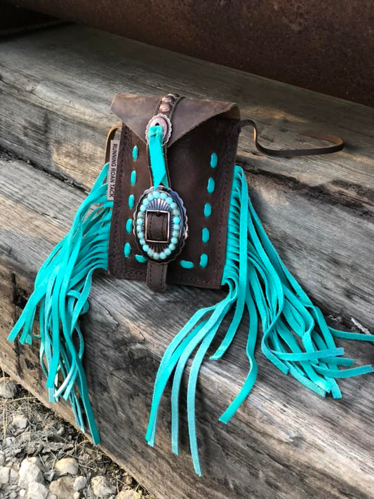 Mint Pop Stitch with Fringe Mini Saddle Bag for Phone, Keys, Roping Powder, etc