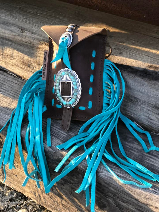 Turquoise Pop Stitch with Fringe Mini Saddle Bag for Phone, Keys, Roping Powder, etc