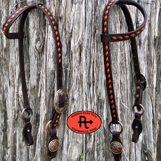 Single Ear Short Gag Ring Headstall with Whisky Buckstitch and Tricolor Desert Hardware 35"-39"