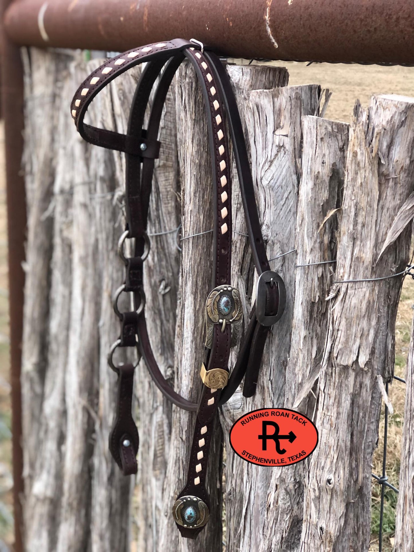 Single Ear with Throatlatch Ring Headstall with White Buckstitch and German Silver Hardware 39"-43"