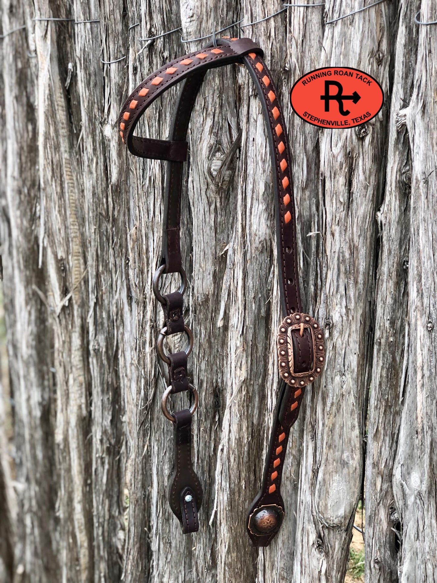 Single Ear Ring Headstall with Whisky Buckstitch and Copper Hardware 38"-42"