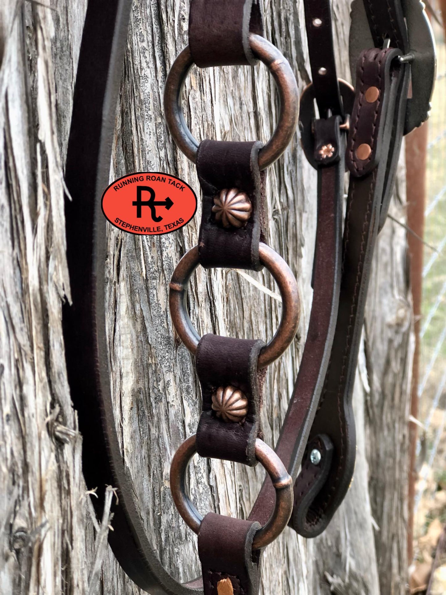 Single Ear with Throatlatch Ring Headstall with Copper Buckstitch and Tricolor Daisy Hardware 36"-40"