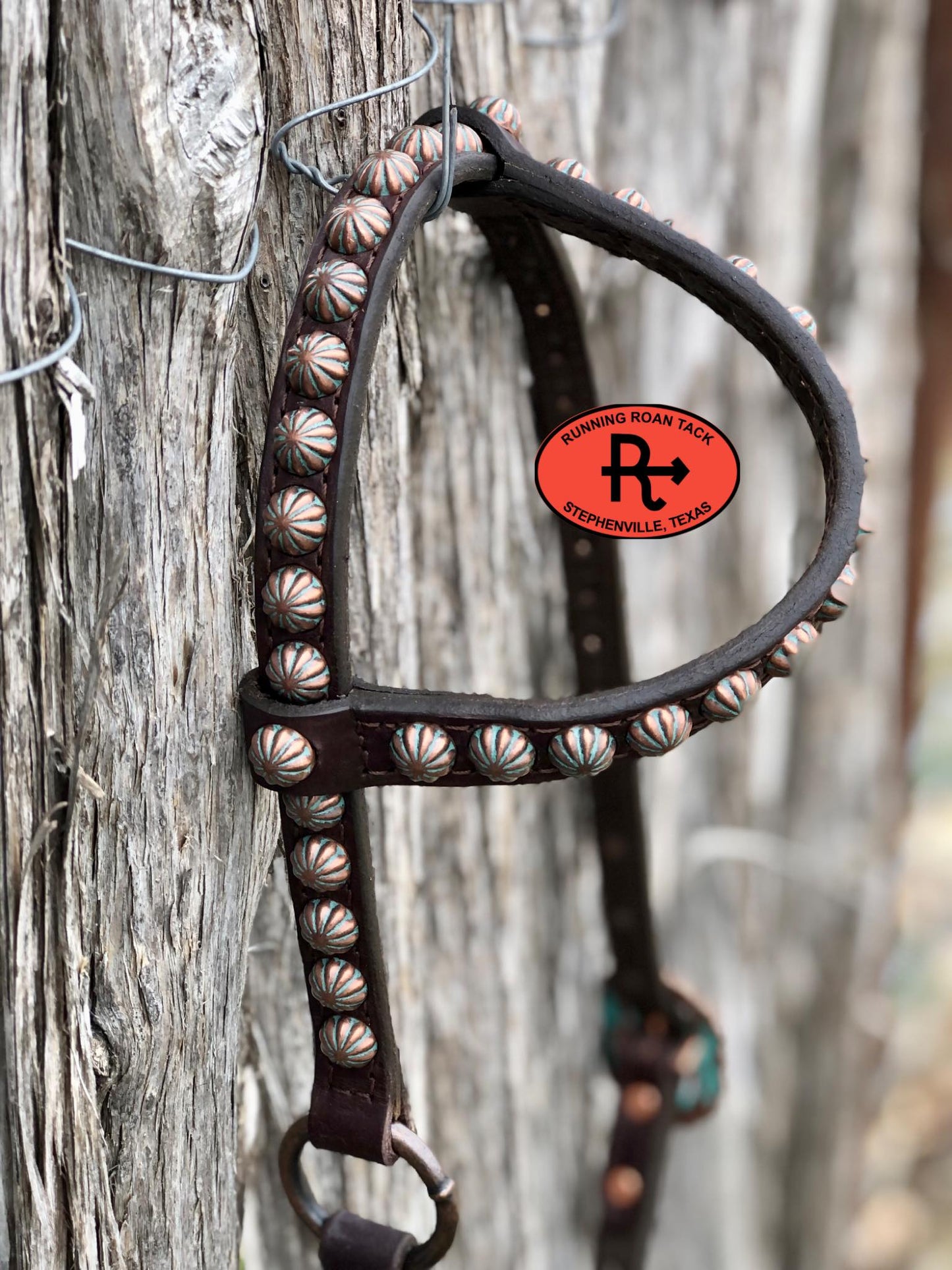 Single Ear Ring Headstall with Copper Patina Dots and Hardware 38"-42"