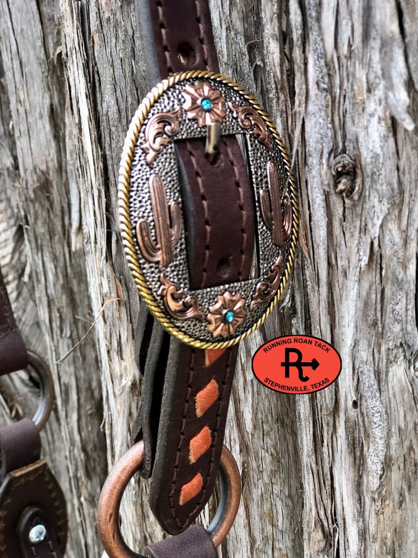 Single Ear Short Gag Ring Headstall with Whisky Buckstitch and Tricolor Desert Hardware 35"-39"