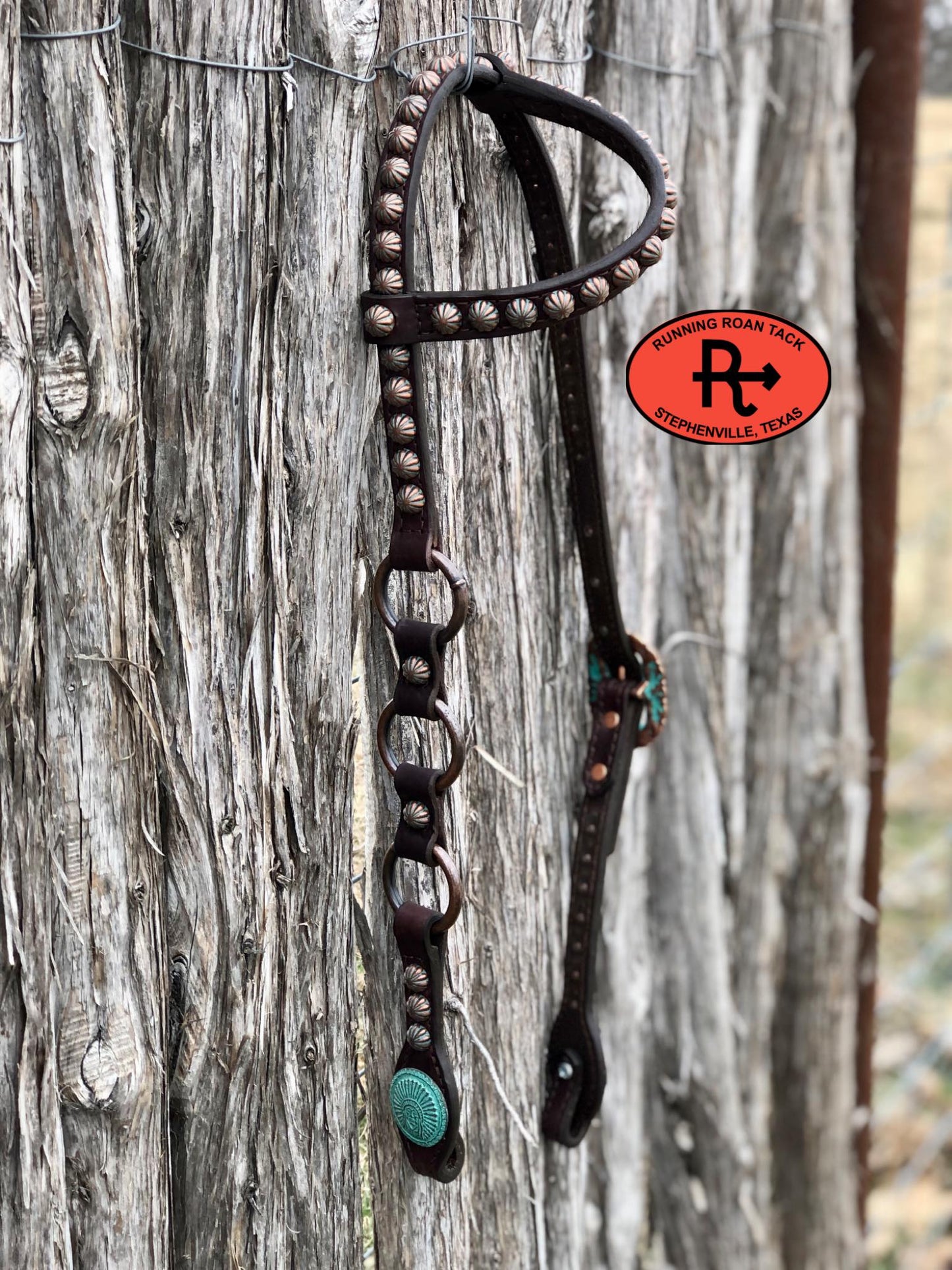 Single Ear Ring Headstall with Copper Patina Dots and Hardware 38"-42"