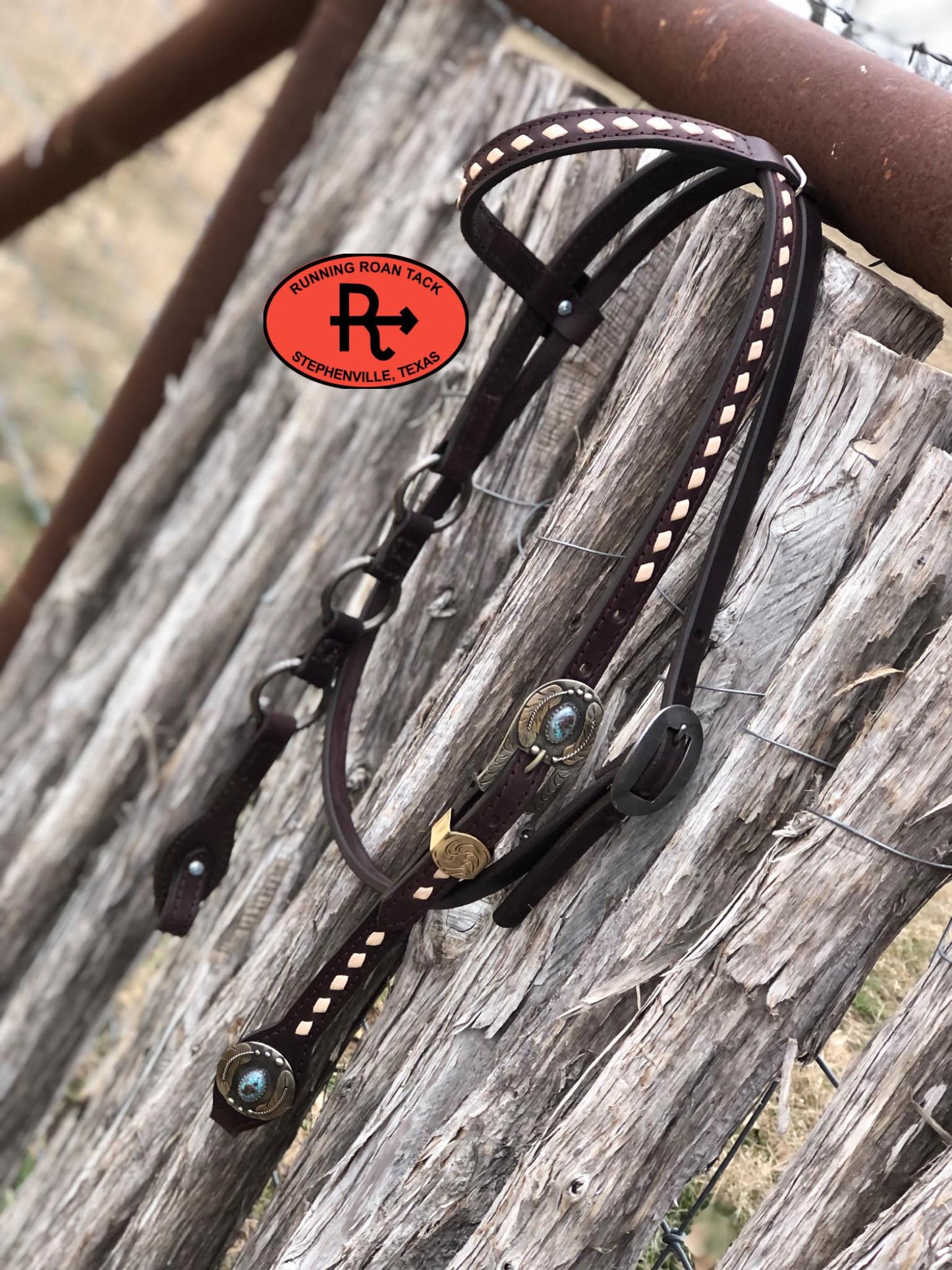 Single Ear with Throatlatch Ring Headstall with White Buckstitch and German Silver Hardware 39"-43"