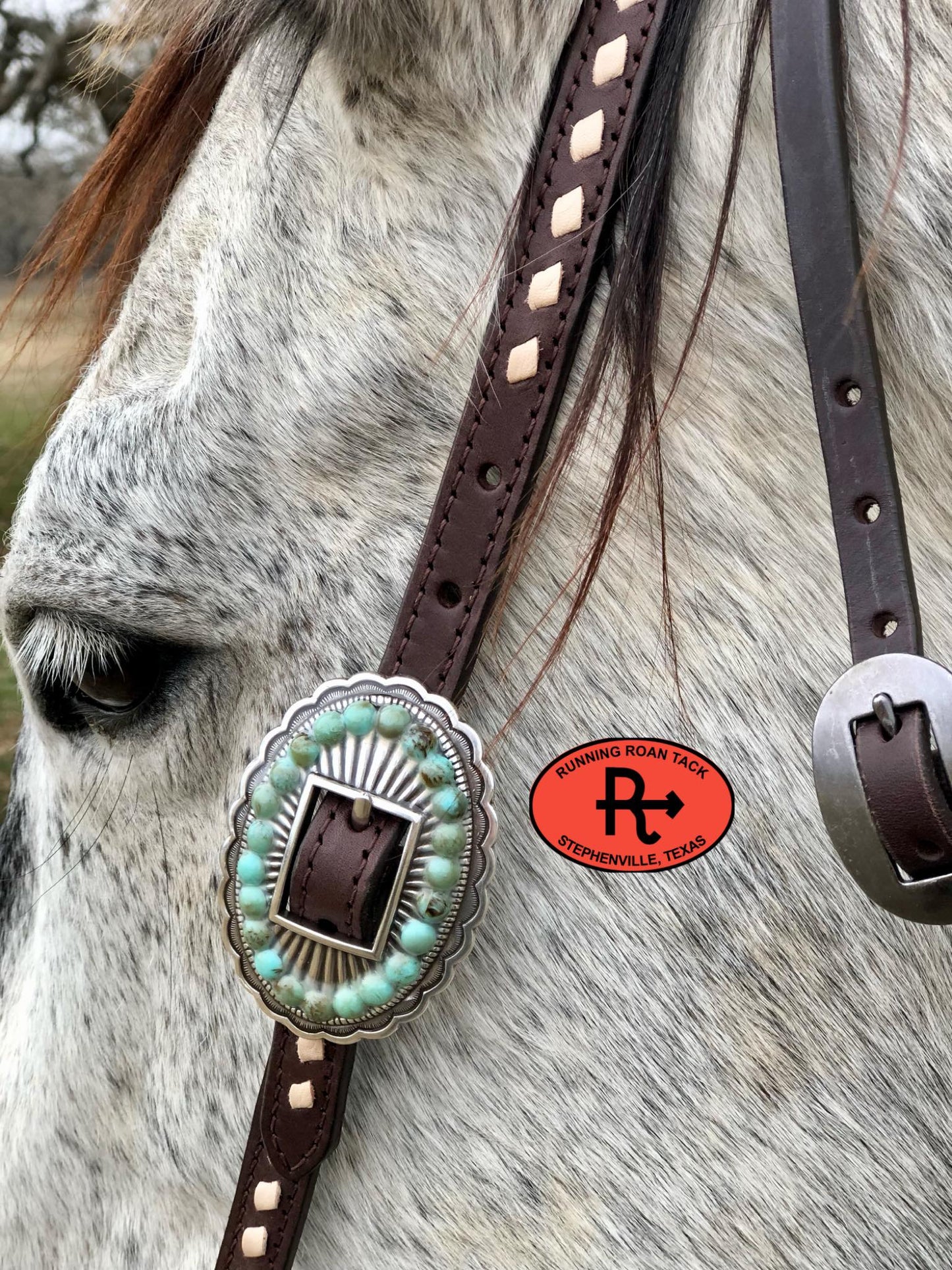 Single Ear with Throatlatch Ring Headstall with White Buckstitch and Turquoise Stone Hardware 38"-42"