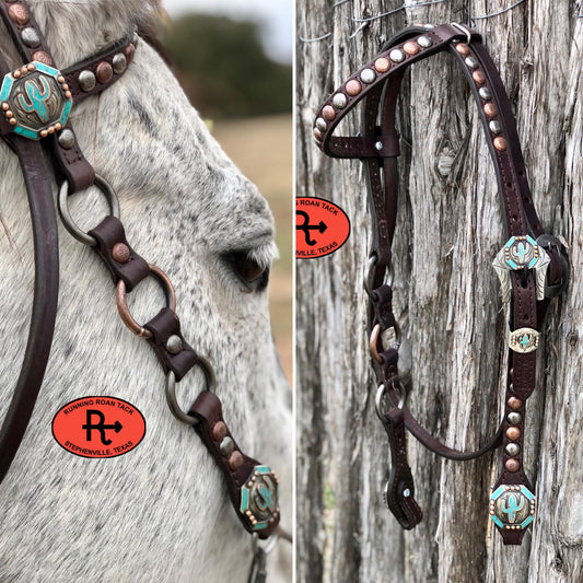 Single Ear with Throatlatch Ring Headstall with and German Silver Cactus Hardware 36"-40"