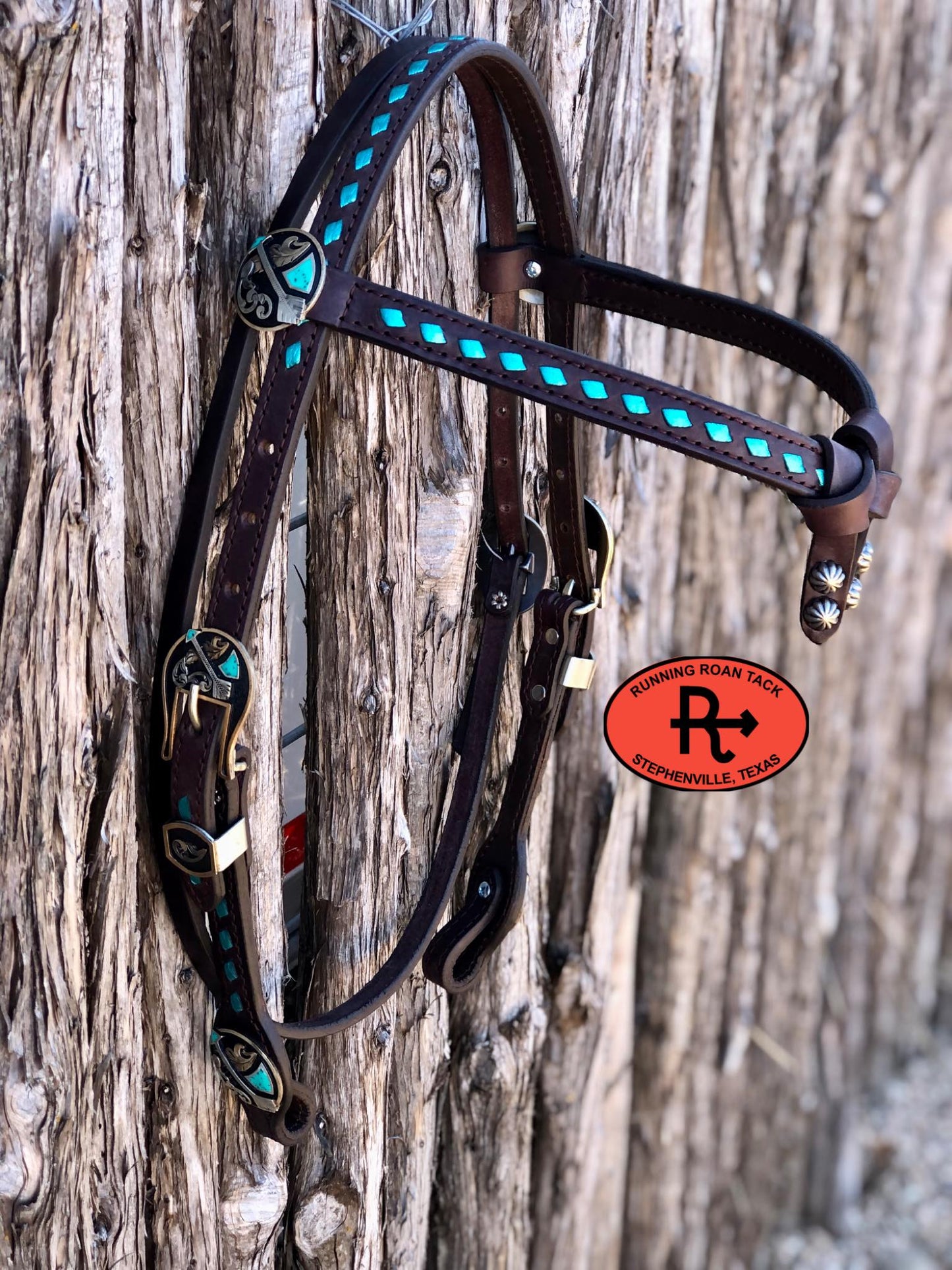 Futurity Knot Short Cheek Headstall with Metallic Aqua Buckstitch and German Silver Feather Hardware 29"-37"